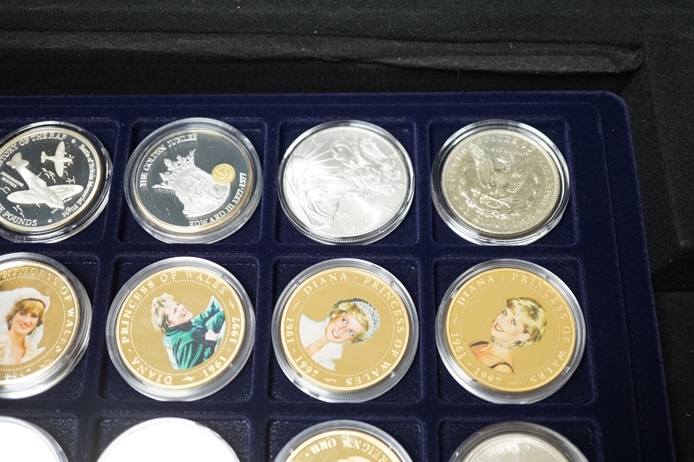 A group of assorted collectors coins, mostly in capsules and a group of loose (often unrelated) certificates
